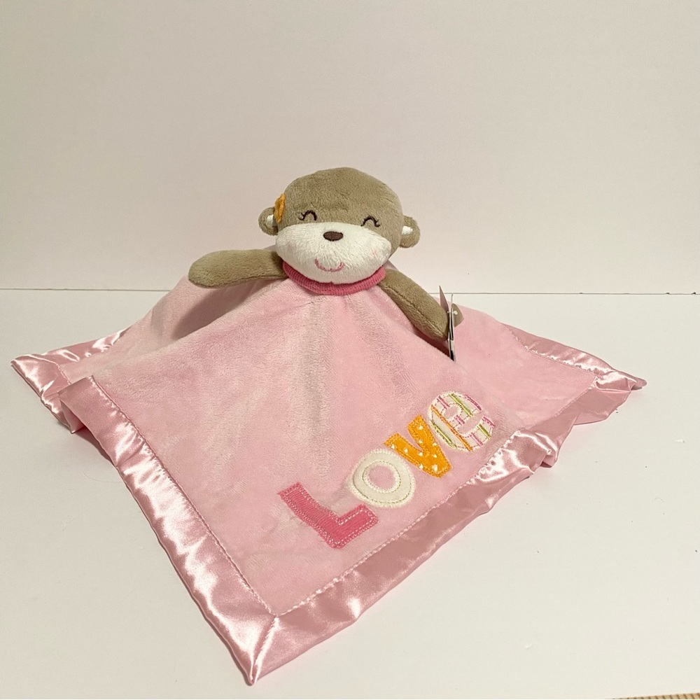 Carters Monkey Lovey LOVE Pink Satin Back Baby Girl 2012 NWT Plush Toy